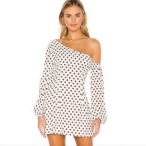 Majorelle Cream & Brown Mandy Polka Dot Asymmetrical Shoulder Cotton Mini Dress